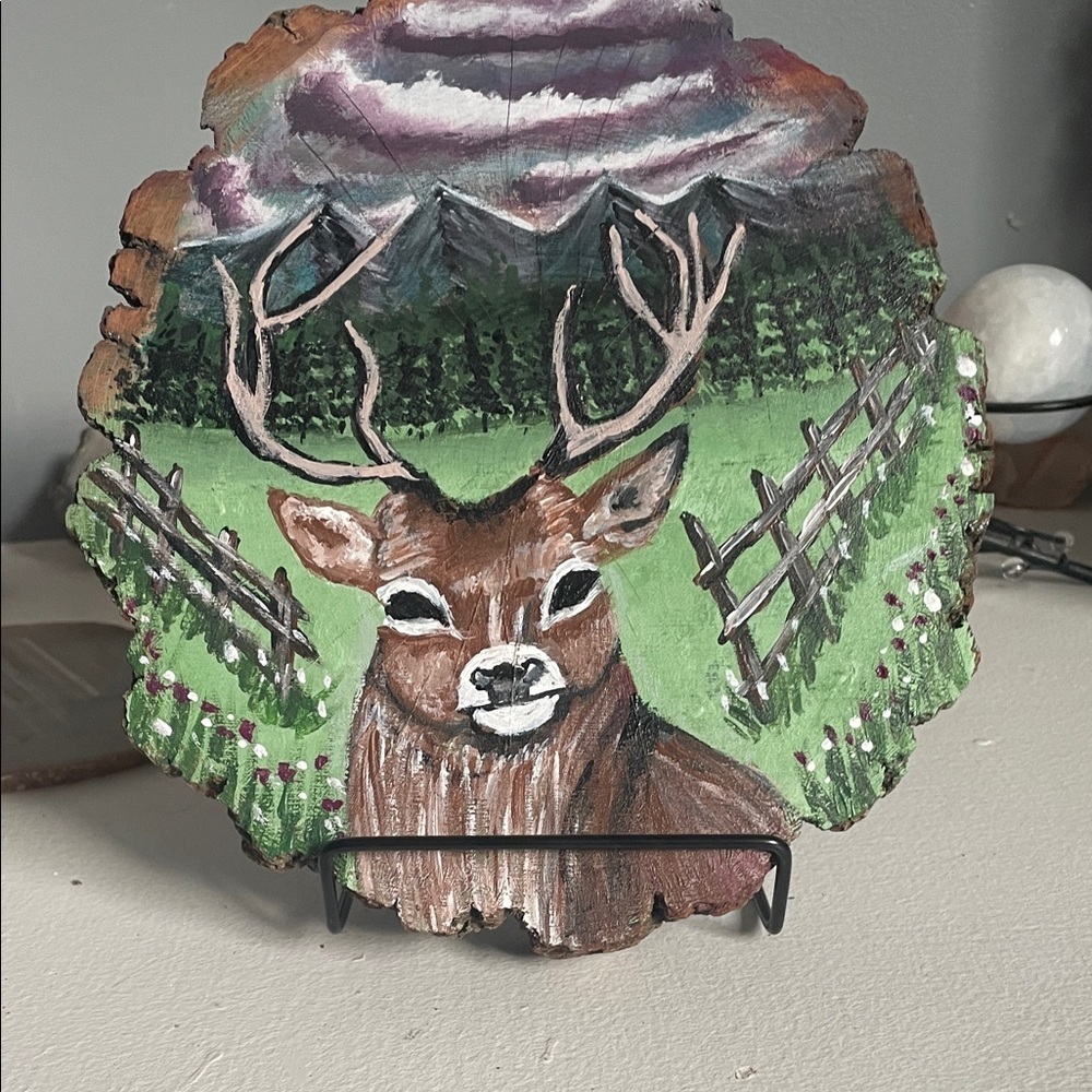 Hand-Painted Deer Scene Wood Art